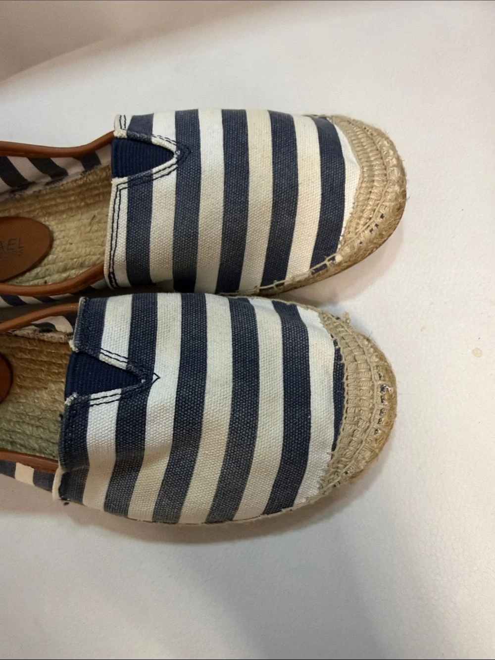 Michael Kors Navy & White Striped Espadrille Flats with Brown Trim